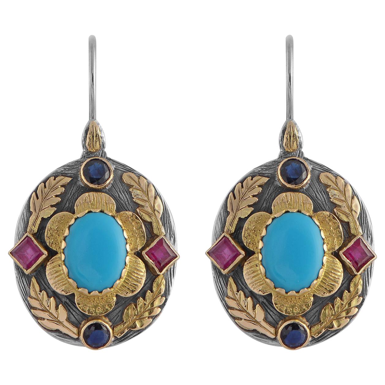  Turquoise Ruby Sapphire 18 Karat Gold Silver Dangle Earrings For Sale