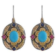 Turquoise Ruby Sapphire 18 Karat Gold Silver Dangle Earrings