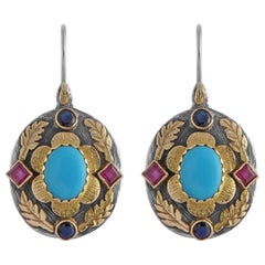  Pendants d'oreilles en argent et or 18 carats avec turquoise, rubis et saphir