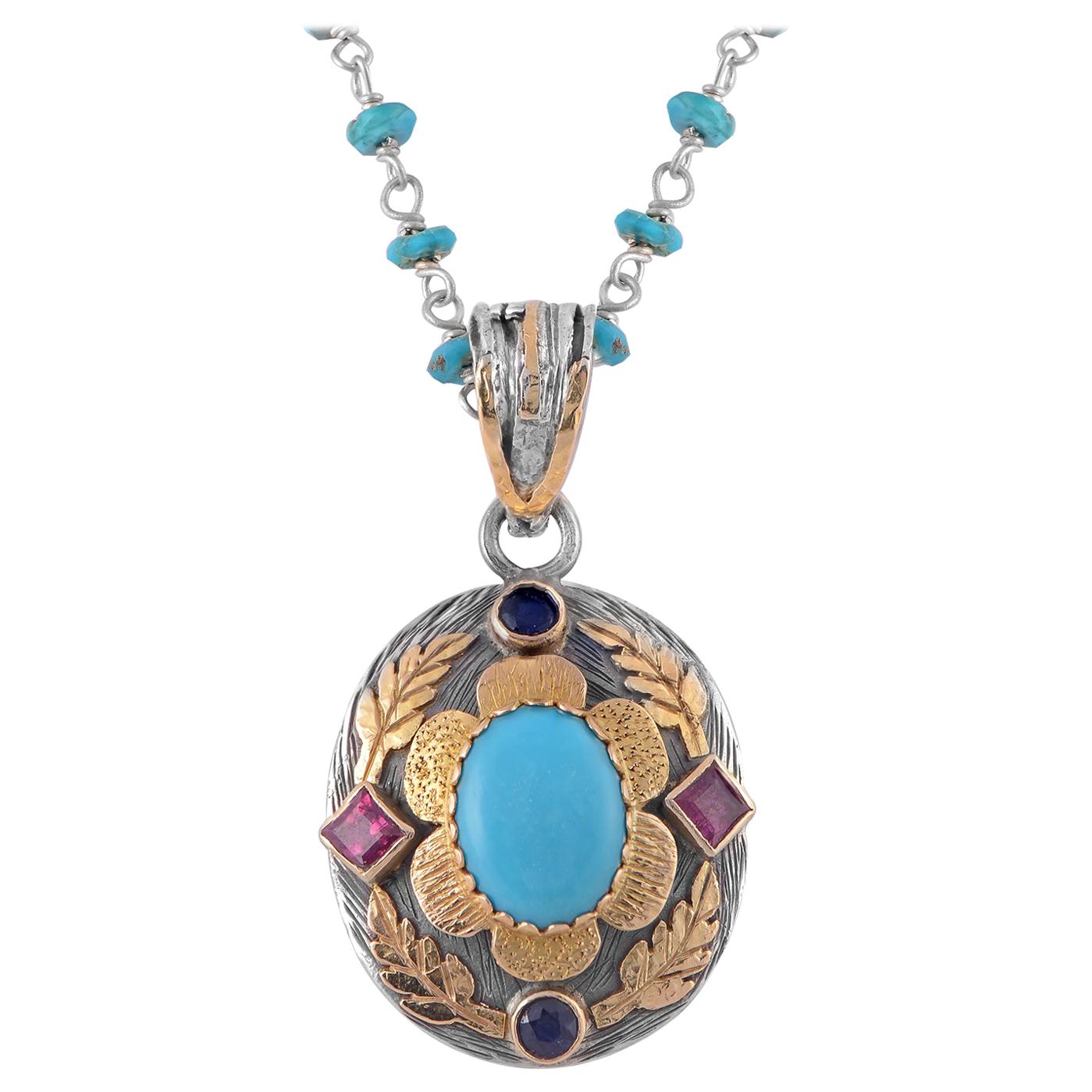  Turquoise Ruby Sapphire 18 Karat Gold Silver Pendant