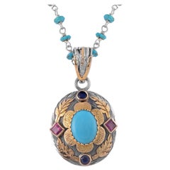 Antique  Turquoise Ruby Sapphire 18 Karat Gold Silver Pendant