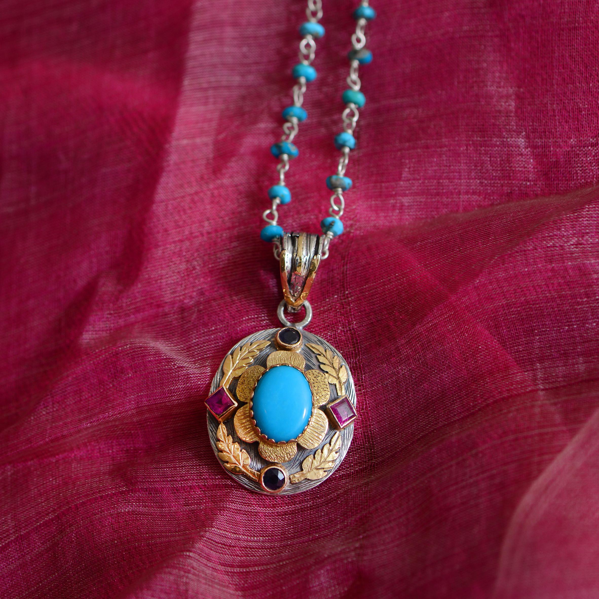  Turquoise Ruby Sapphire 18 Karat Gold Silver Pendant In New Condition For Sale In Frome, Somerset