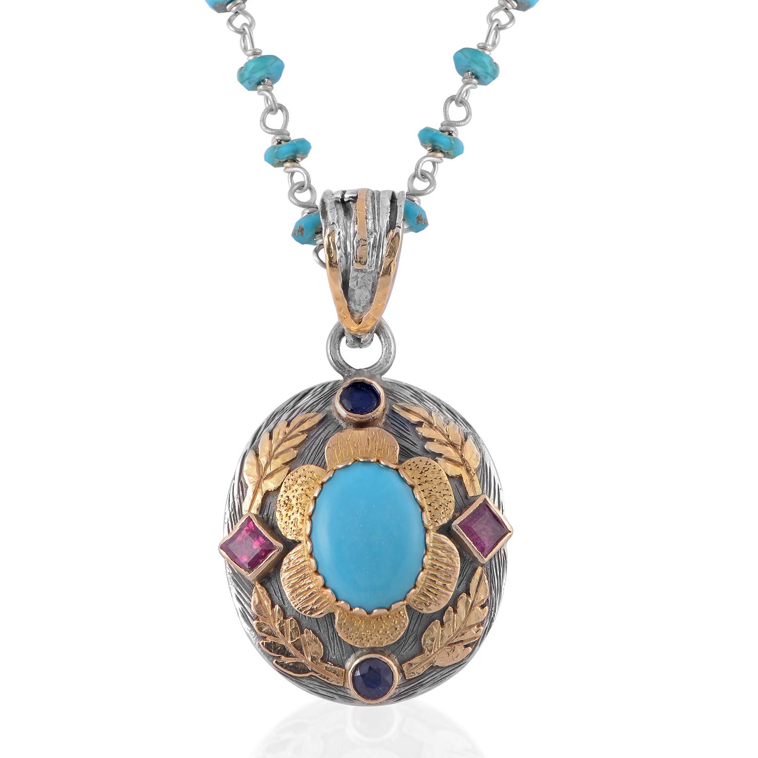 Women's  Turquoise Ruby Sapphire 18 Karat Gold Silver Pendant For Sale