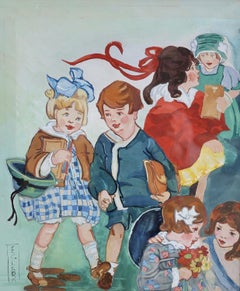 Going to School, 20th century illustration of children by a woman artist