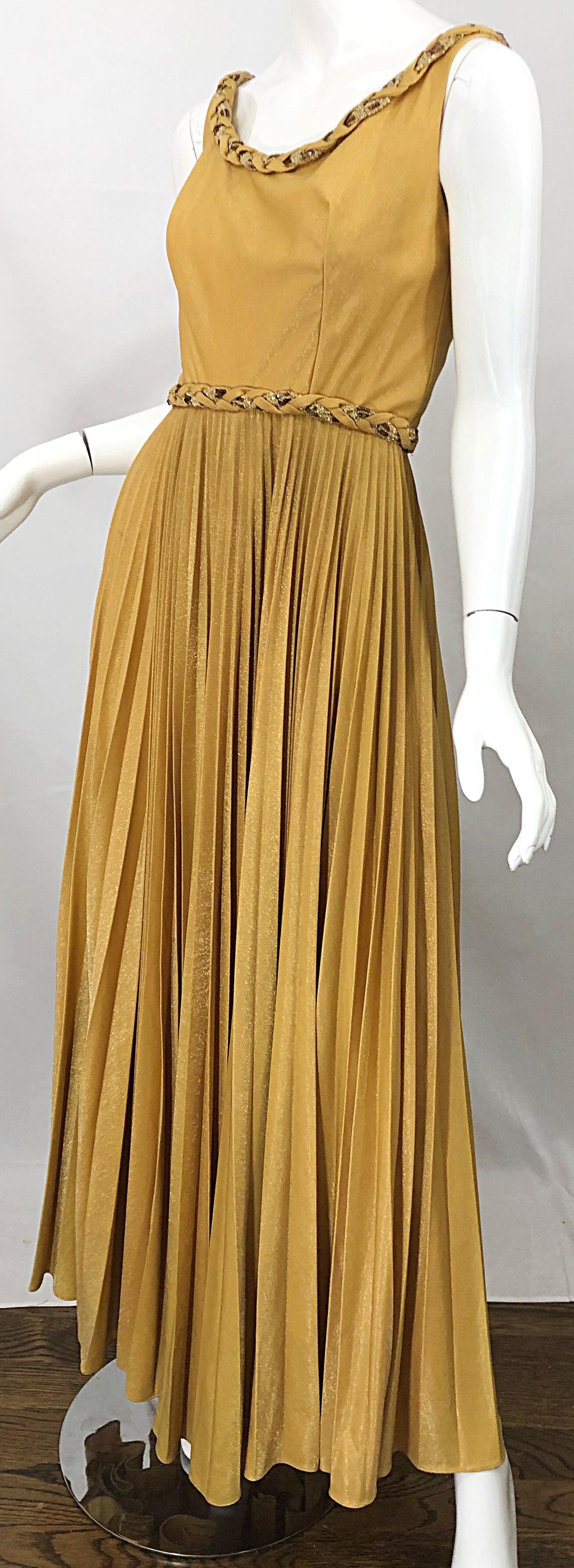 Emma Domb 1970s Gold Metallic Jersey Grecian Style Sequined Vintage 70s Gown For Sale 2