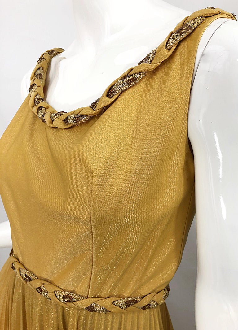 Emma Domb 1970s Gold Metallic Jersey Grecian Style Sequined Vintage 70s Gown