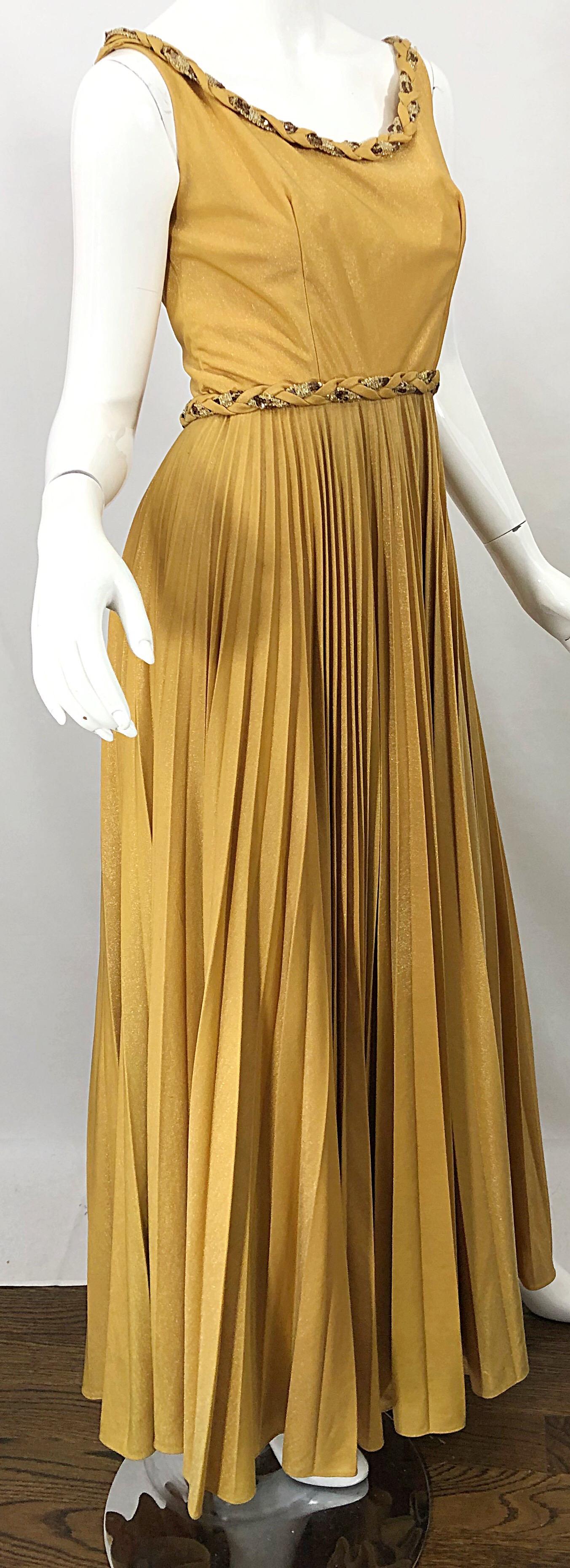 Brown Emma Domb 1970s Gold Metallic Jersey Grecian Style Sequined Vintage 70s Gown For Sale