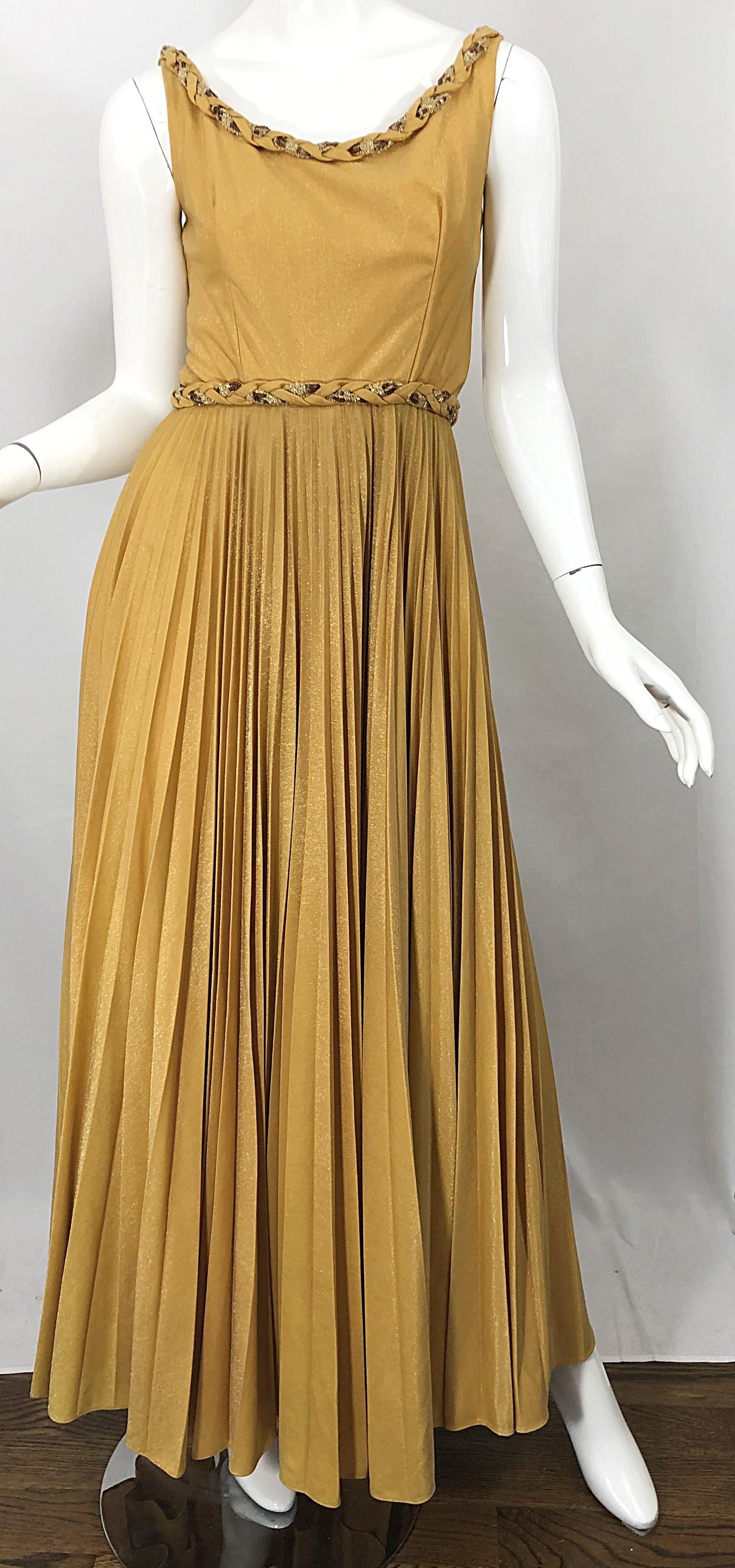 Women's Emma Domb 1970s Gold Metallic Jersey Grecian Style Sequined Vintage 70s Gown For Sale