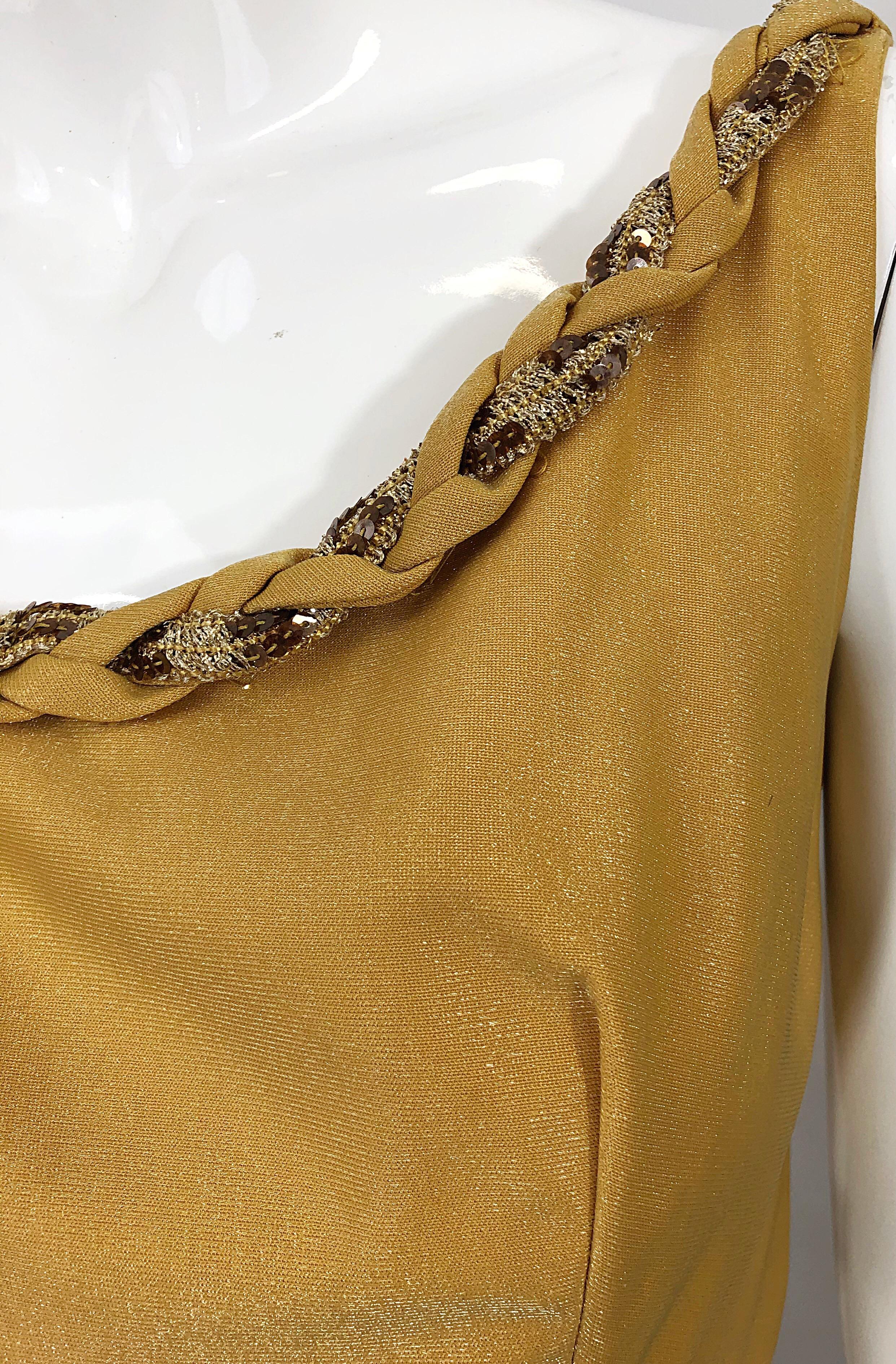 Emma Domb 1970s Gold Metallic Jersey Grecian Style Sequined Vintage 70s Gown For Sale 1