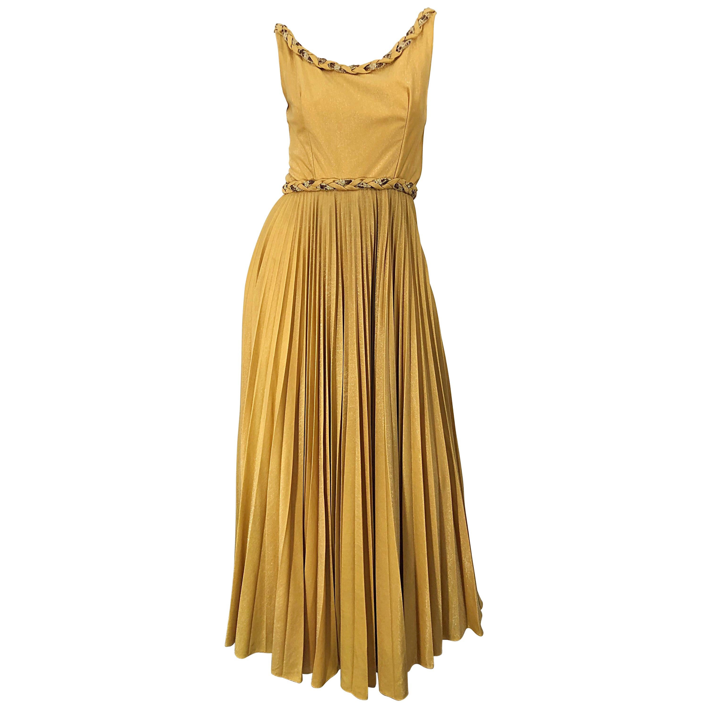 Emma Domb 1970s Gold Metallic Jersey Grecian Style Sequined Vintage 70s Gown For Sale