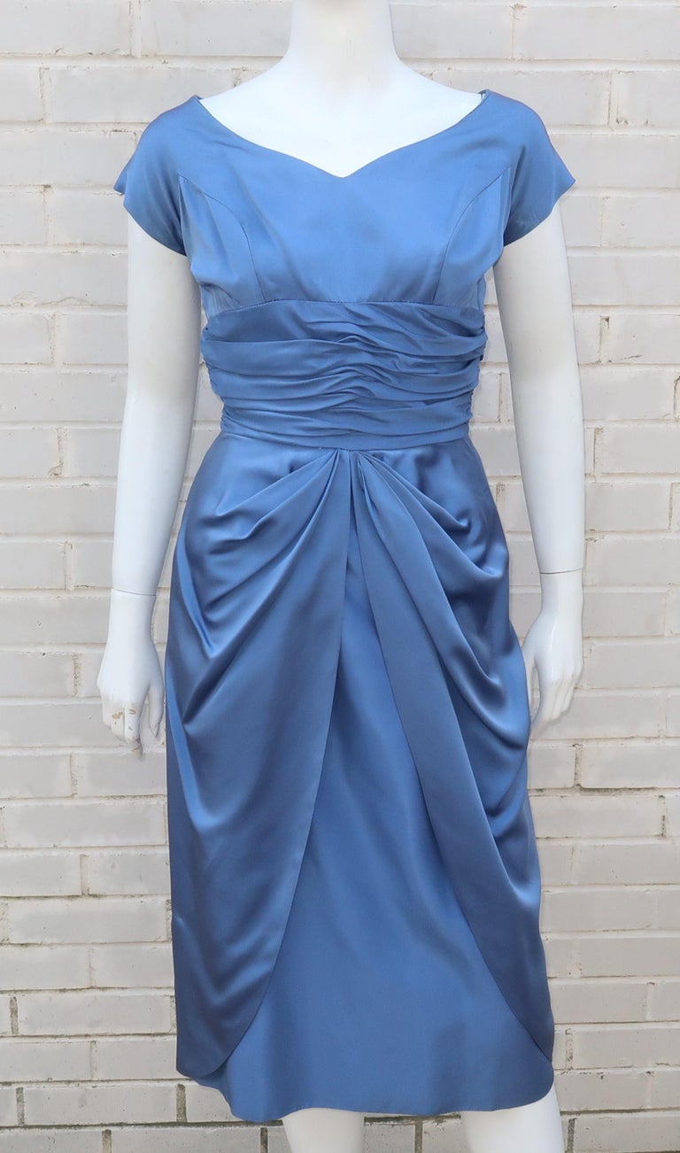 Emma Domb 1950's Periwinkle Blue Satin Cocktail Dress For Sale at ...