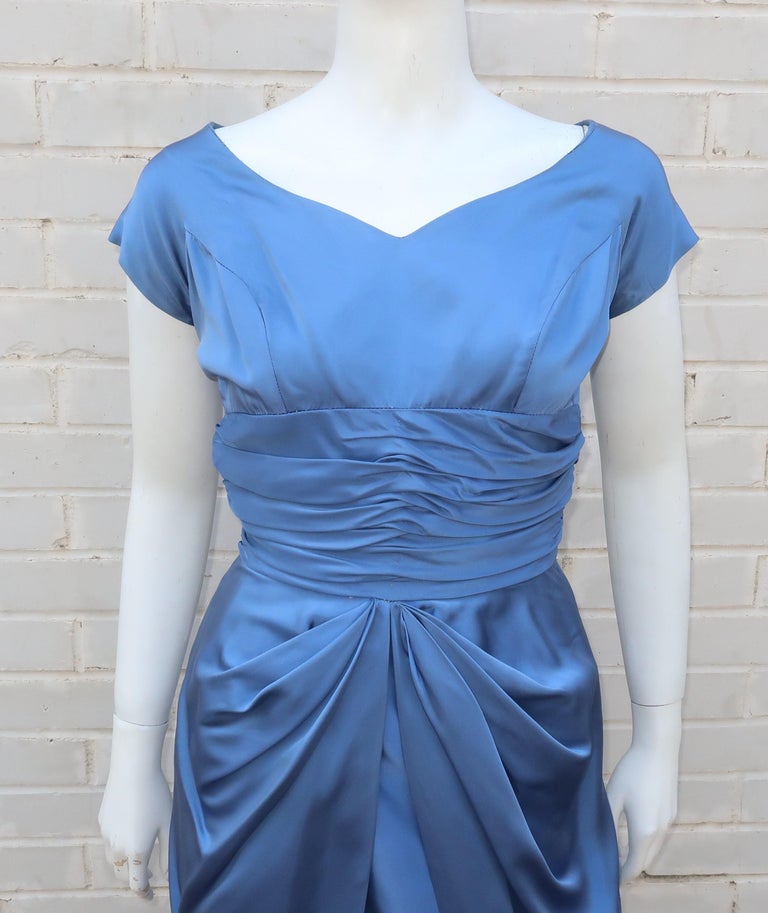 Emma Domb 1950's Periwinkle Blue Satin Cocktail Dress For Sale at