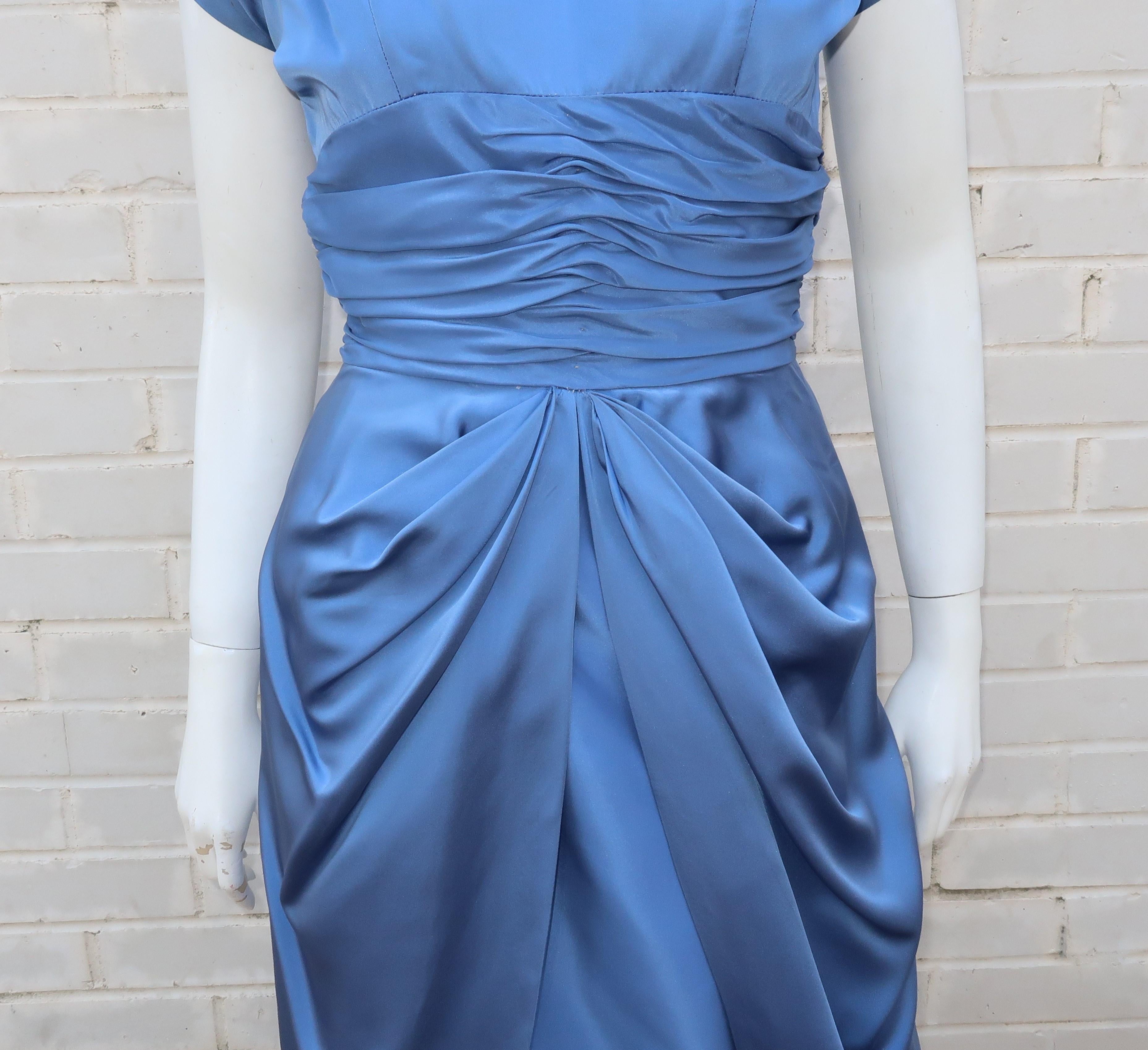 Emma Domb 1950's Periwinkle Blue Satin Cocktail Dress In Good Condition In Atlanta, GA