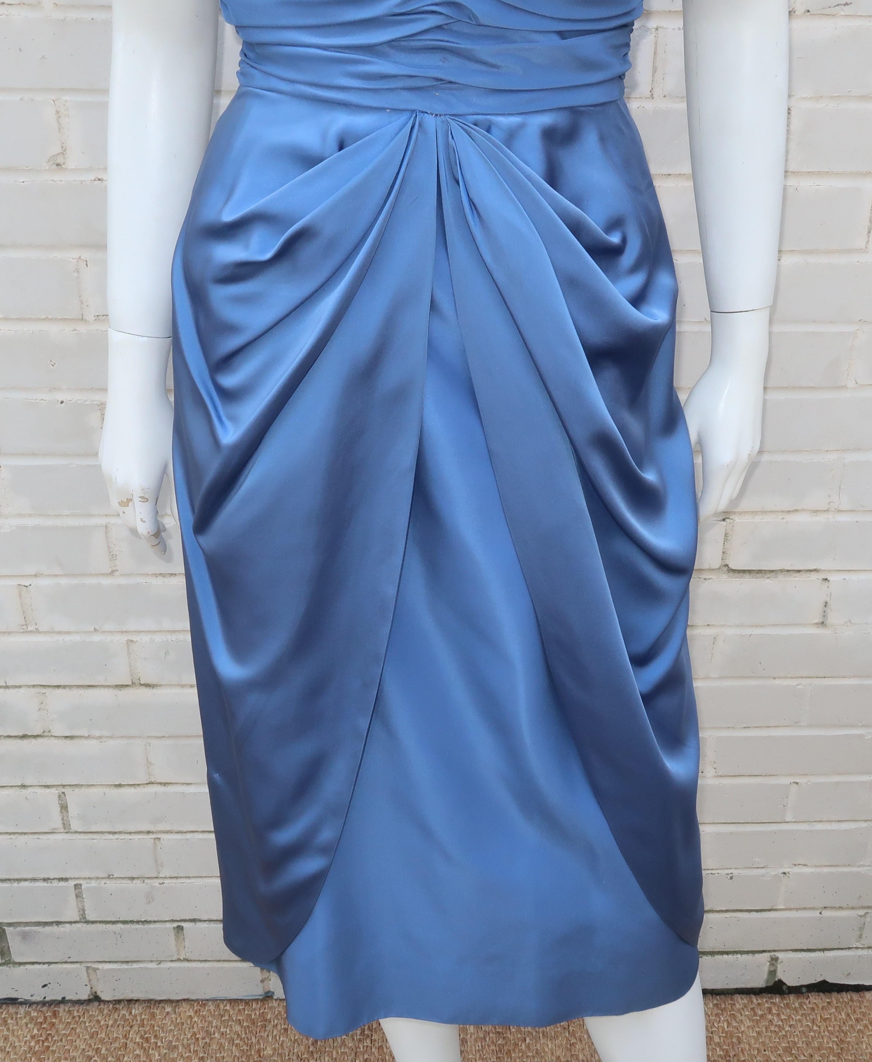 Women's Emma Domb 1950's Periwinkle Blue Satin Cocktail Dress