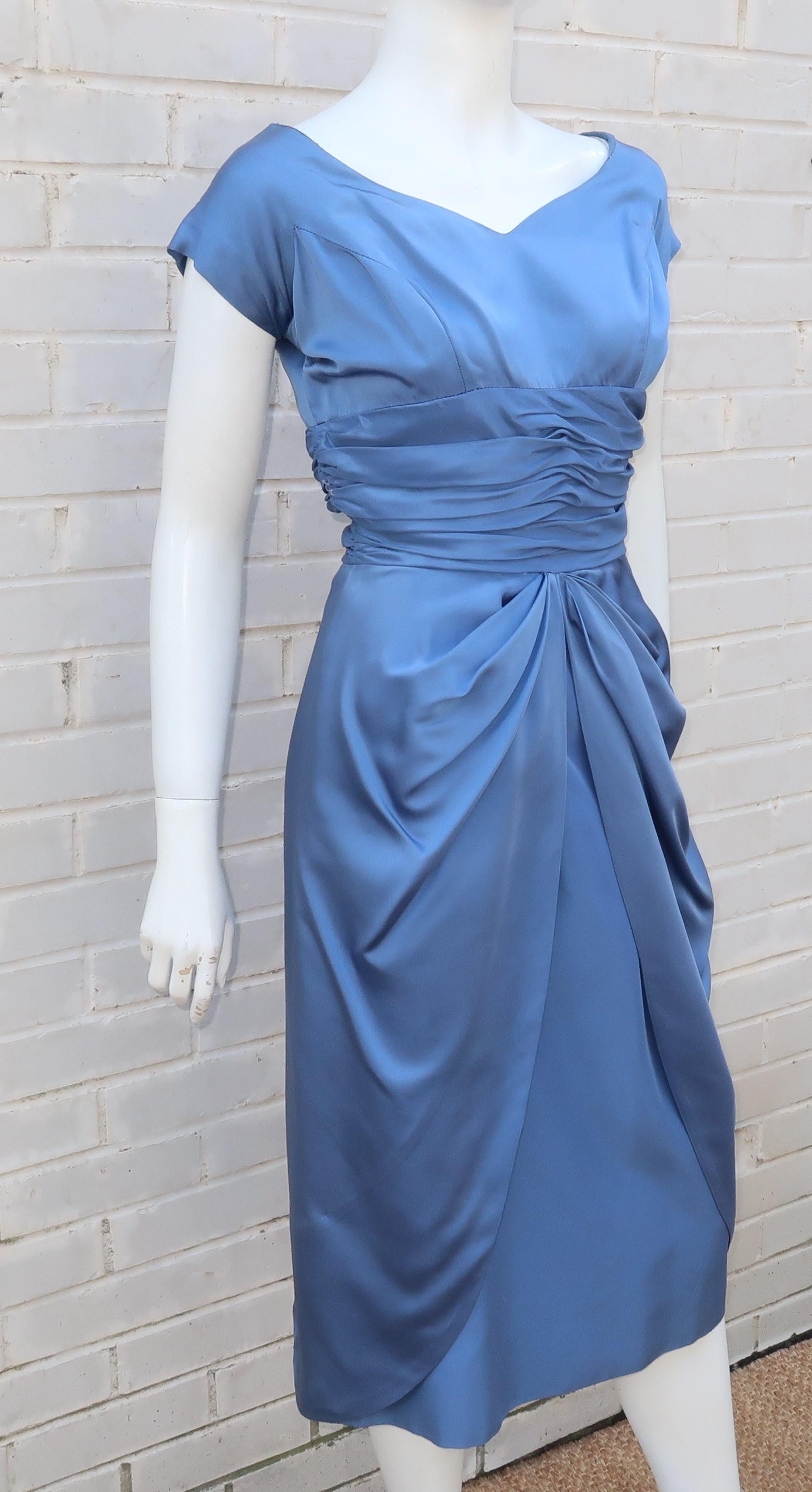 Emma Domb 1950's Periwinkle Blue Satin Cocktail Dress 1