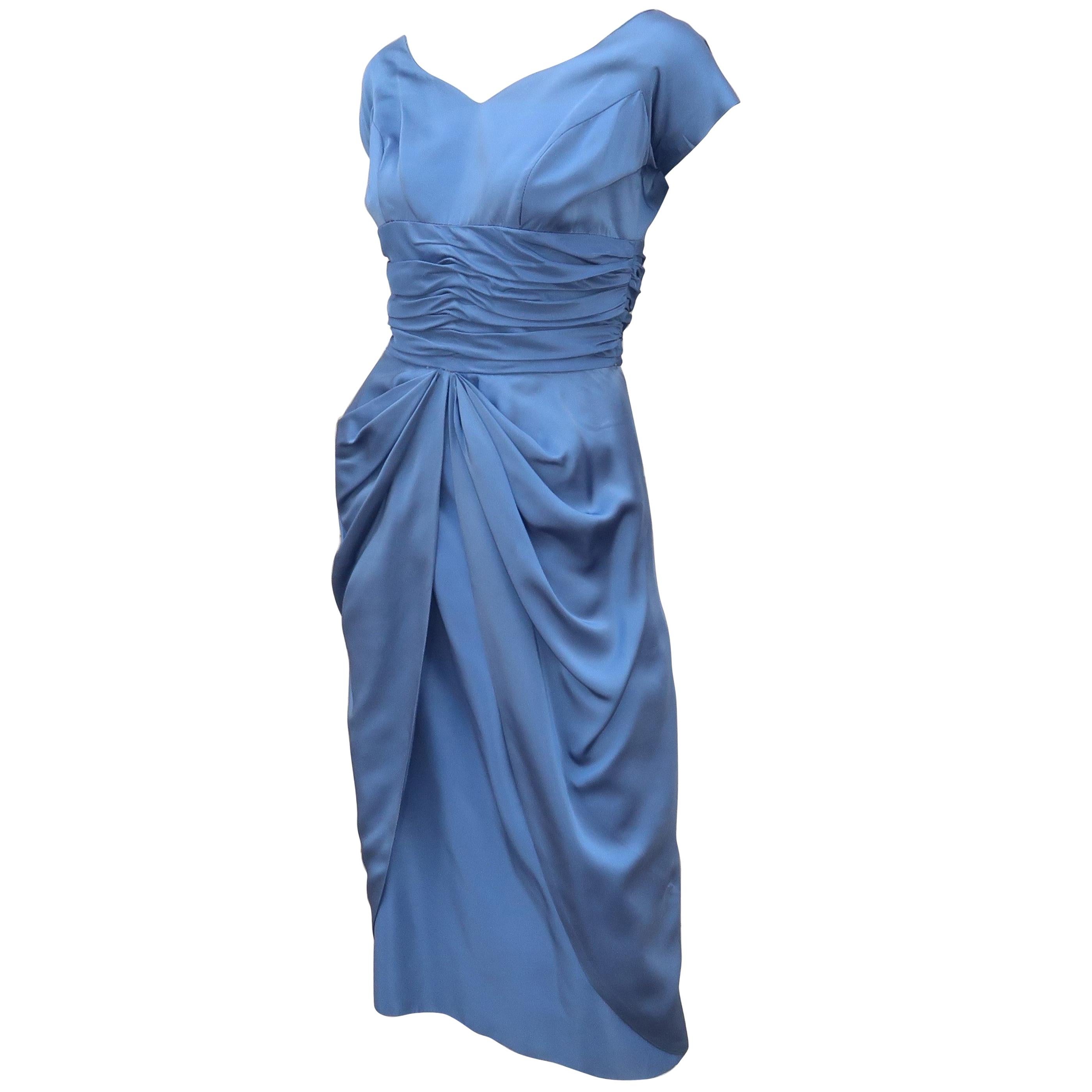 Emma Domb 1950's Periwinkle Blue Satin Cocktail Dress