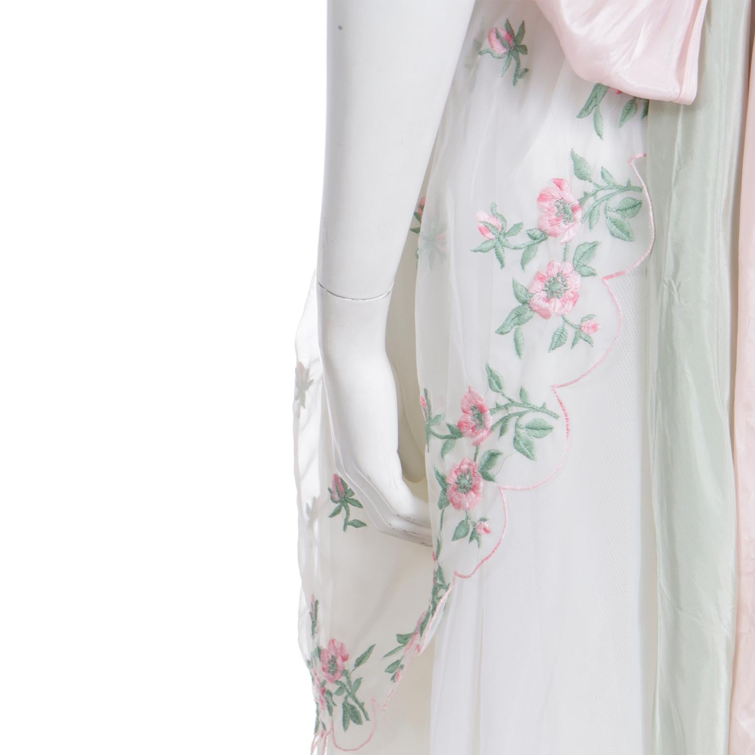 Emma Domb 1950's White Party Dress w Pink and Green Embroidered Flowers For Sale 6