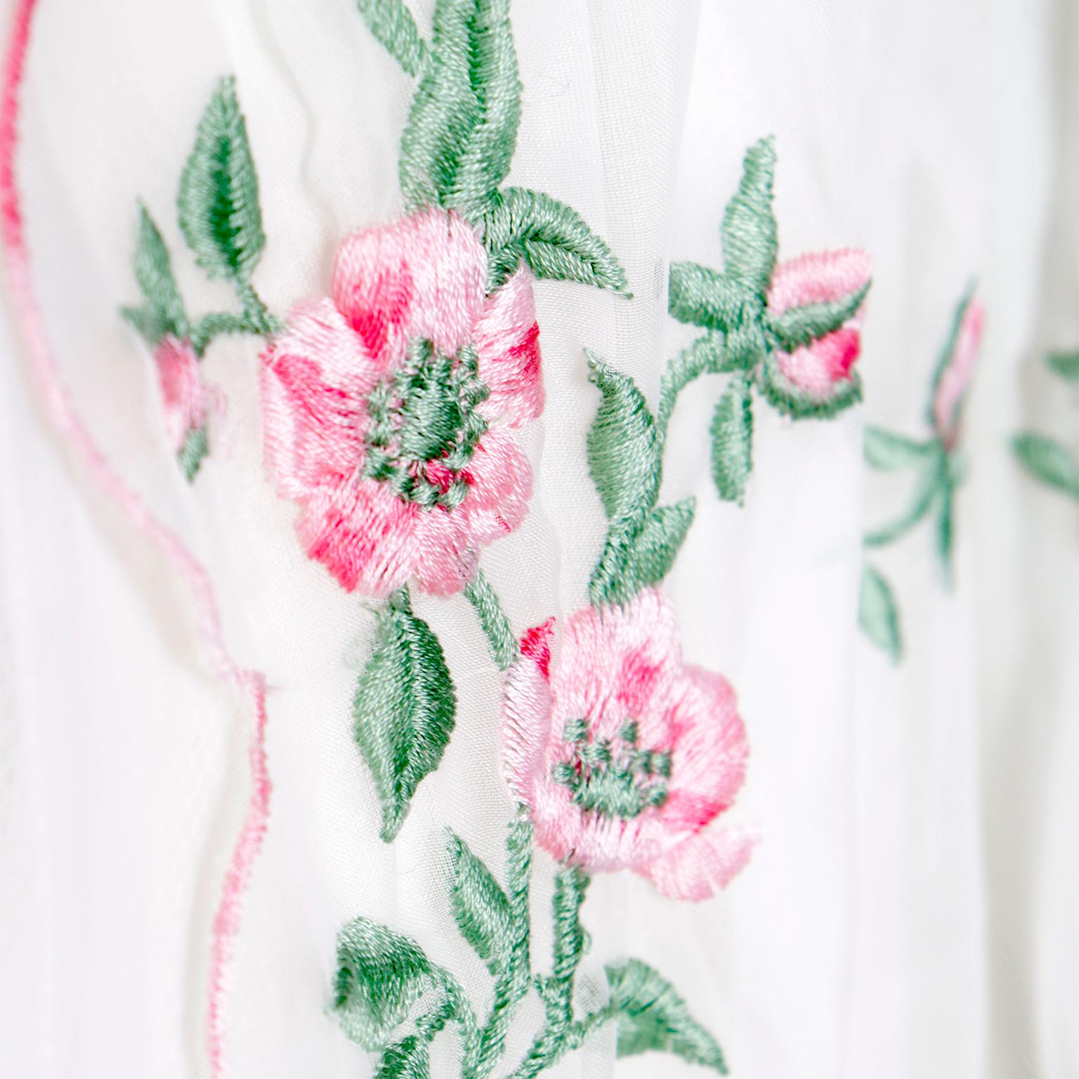 Emma Domb 1950's White Party Dress w Pink and Green Embroidered Flowers For Sale 6