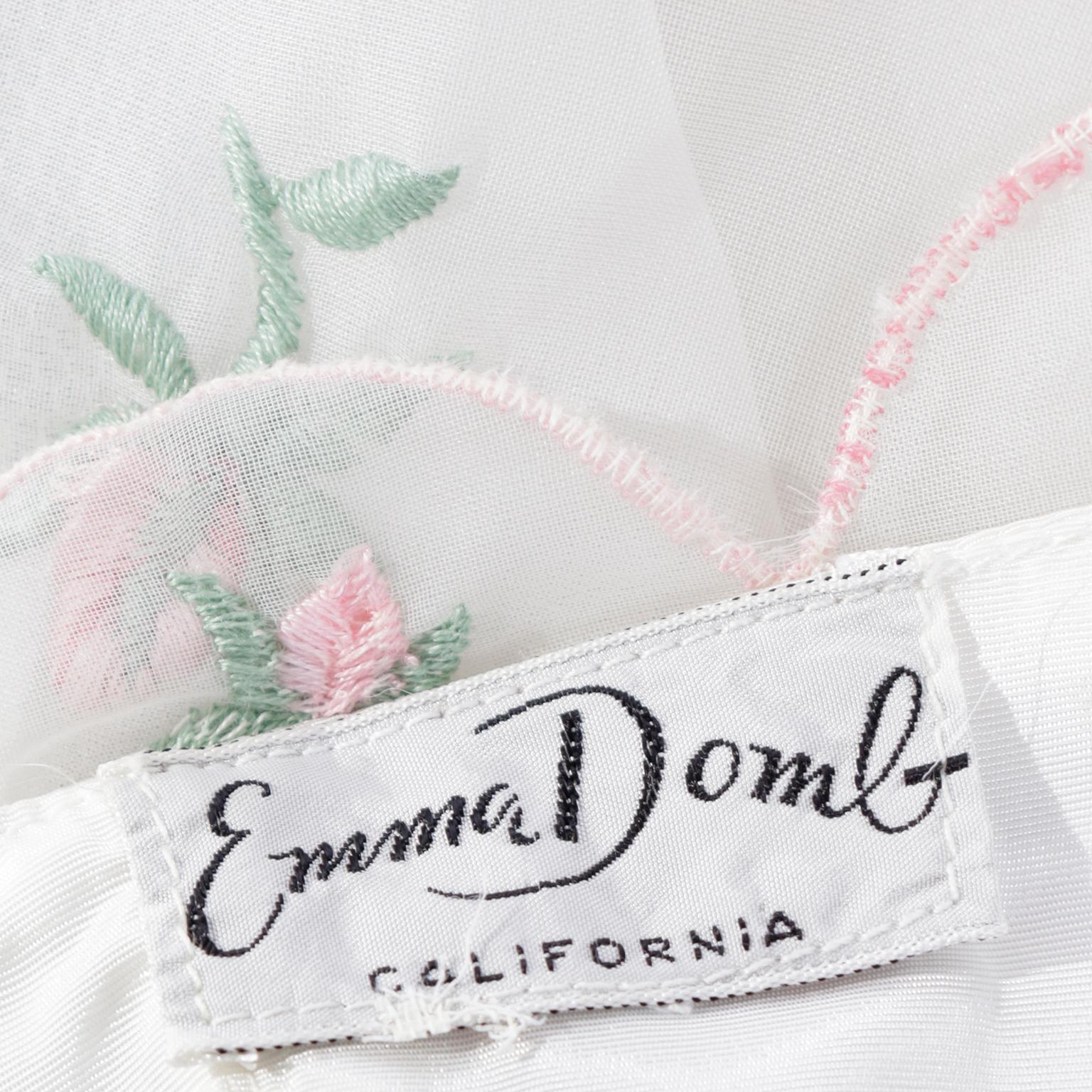 Emma Domb 1950's White Party Dress w Pink and Green Embroidered Flowers For Sale 7