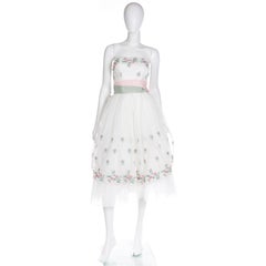 Emma Domb 1950's White Party Dress w Pink and Green Embroidered Flowers