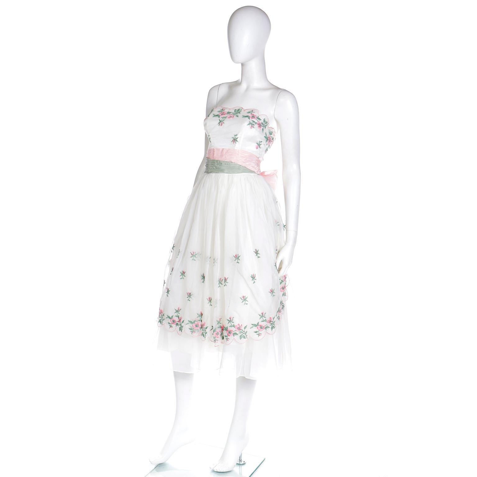 Gray Emma Domb 1950's White Party Dress w Pink and Green Embroidered Flowers For Sale