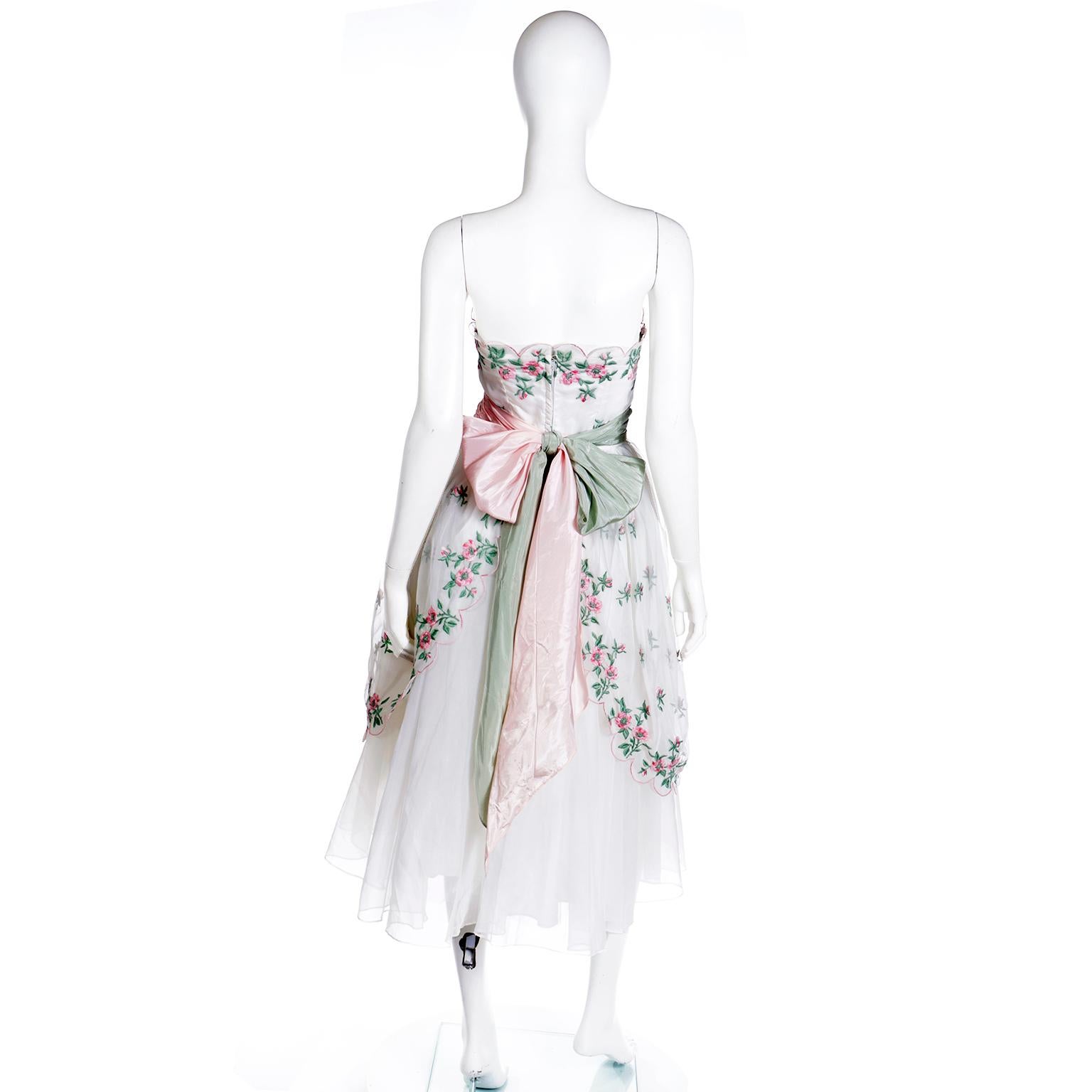 Women's Emma Domb 1950's White Party Dress w Pink and Green Embroidered Flowers For Sale