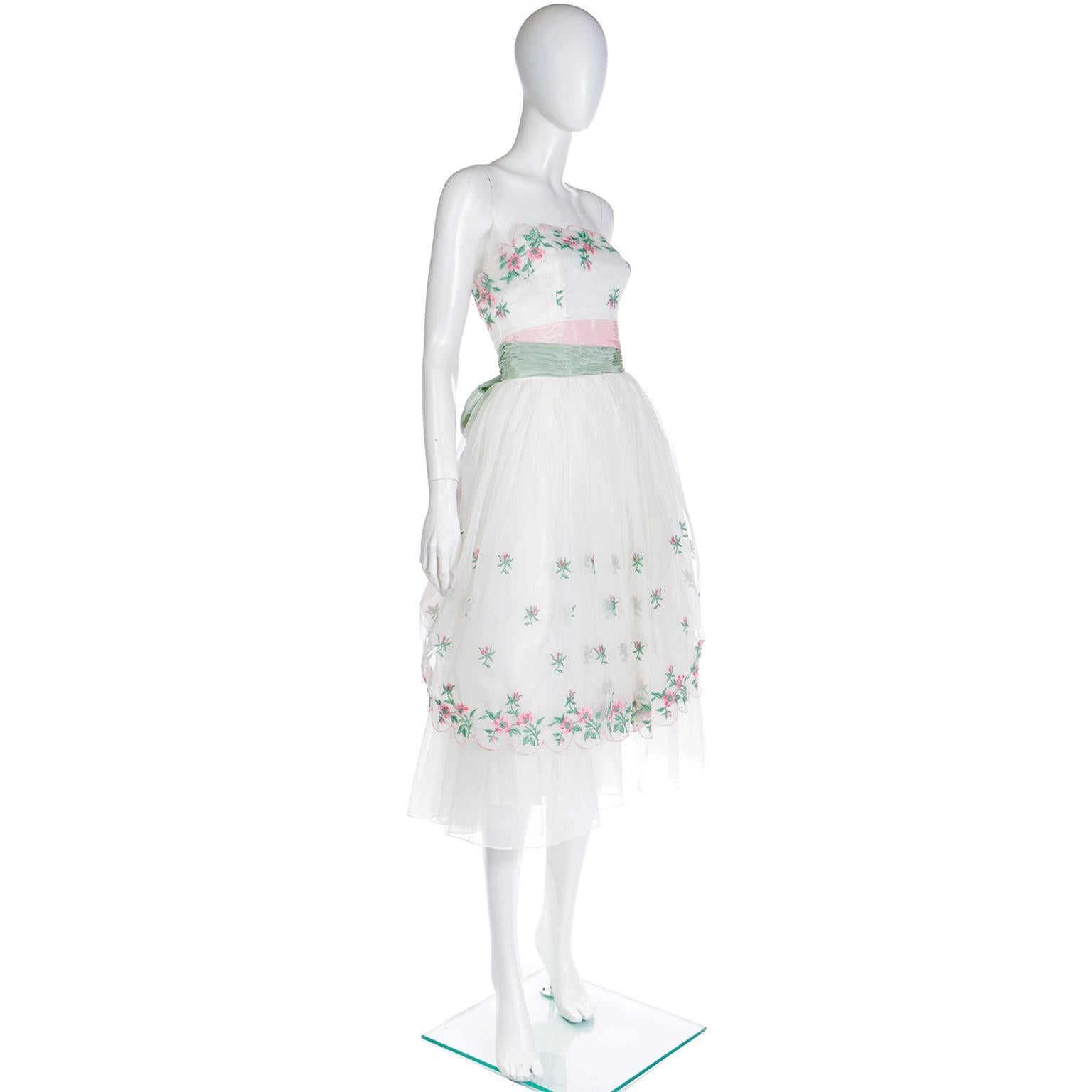 Emma Domb 1950's White Party Dress w Pink and Green Embroidered Flowers For Sale 1