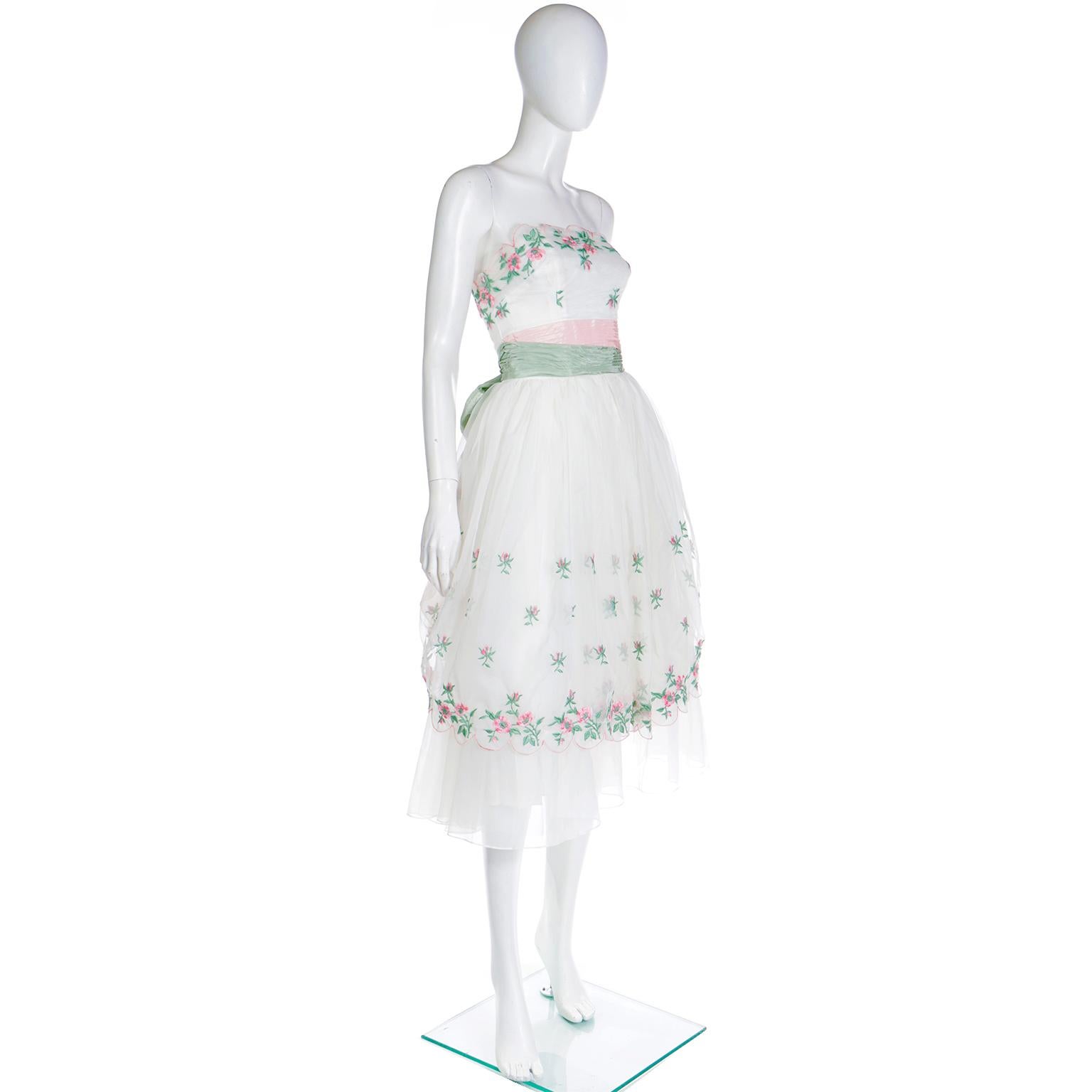 Women's Emma Domb 1950's White Party Dress w Pink and Green Embroidered Flowers For Sale