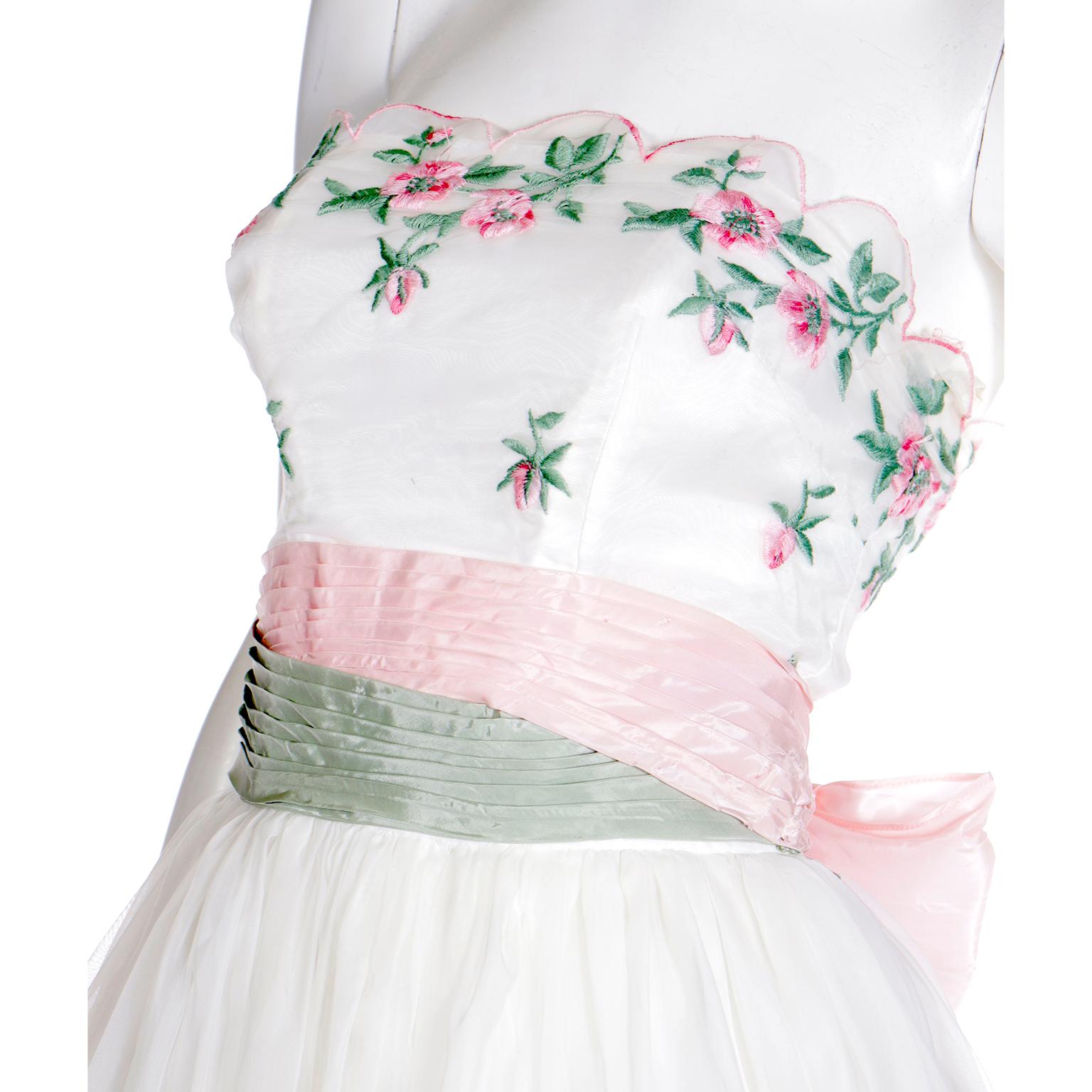 Emma Domb 1950's White Party Dress w Pink and Green Embroidered Flowers For Sale 2