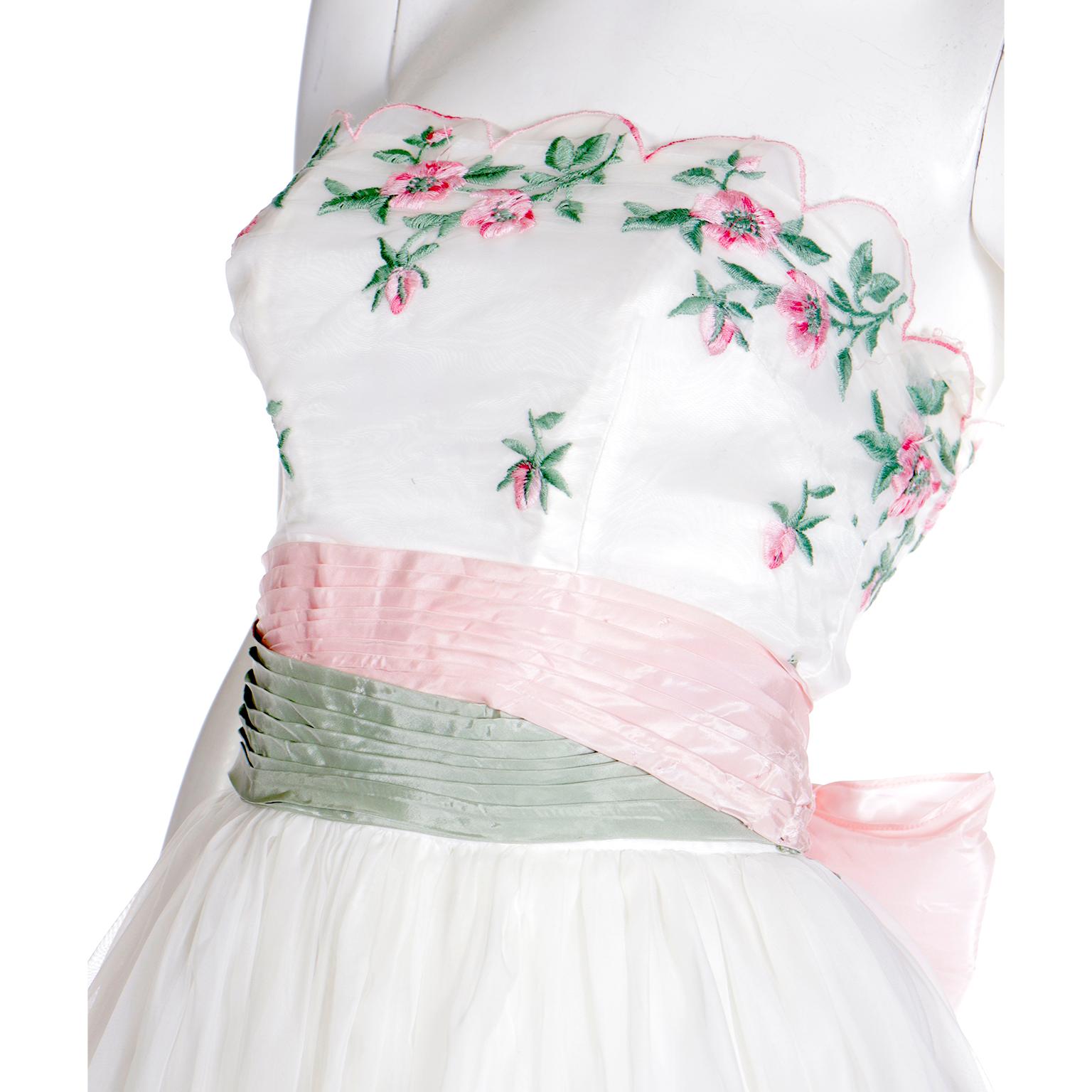 Emma Domb 1950's White Party Dress w Pink and Green Embroidered Flowers For Sale 1
