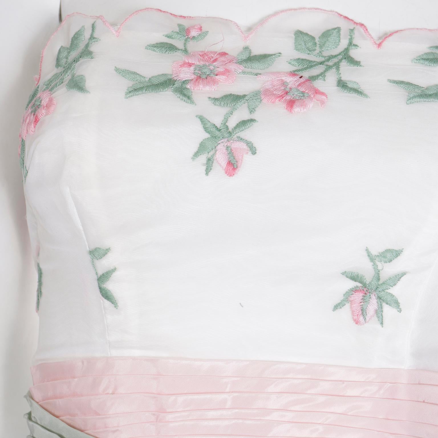 Emma Domb 1950's White Party Dress w Pink and Green Embroidered Flowers For Sale 2