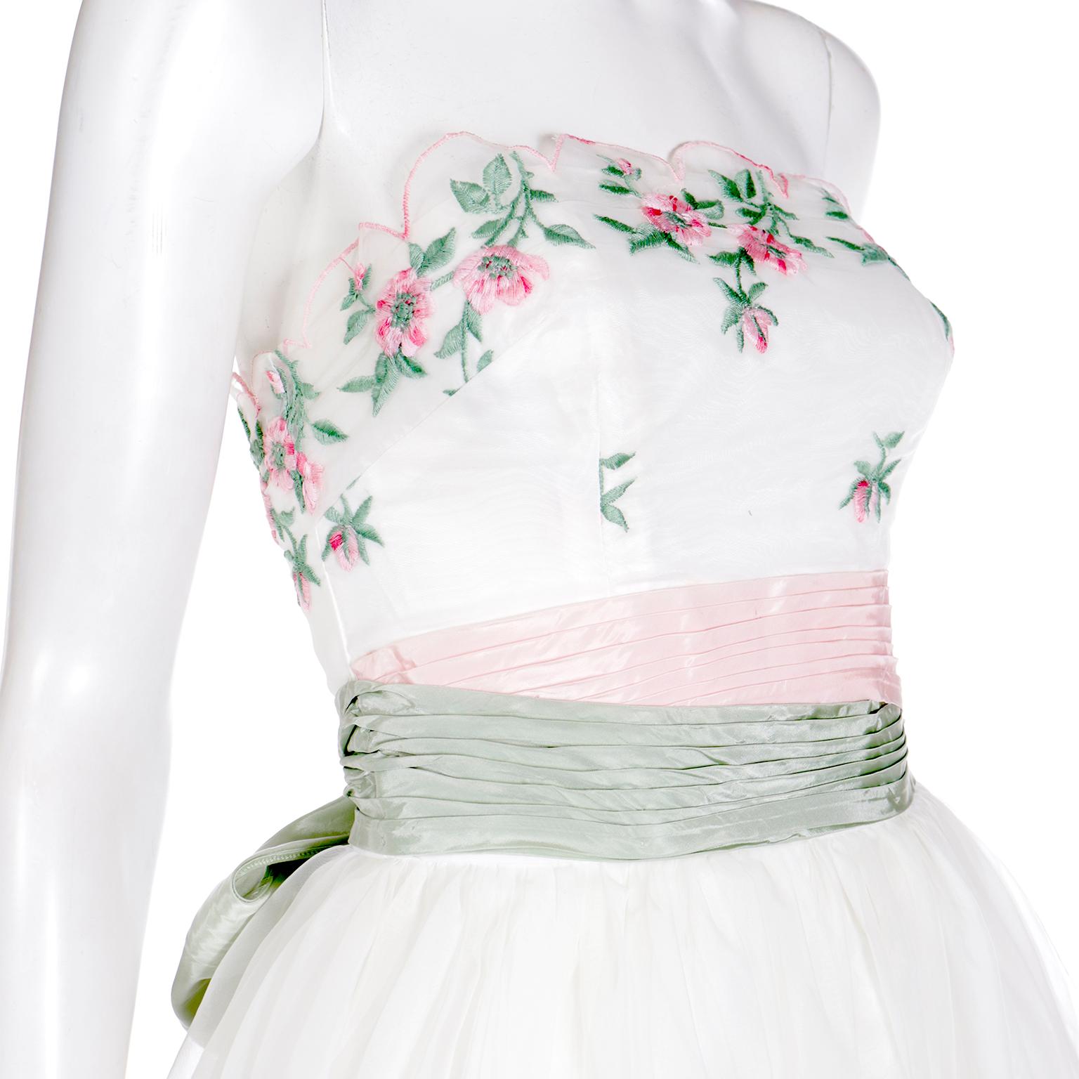 Emma Domb 1950's White Party Dress w Pink and Green Embroidered Flowers For Sale 3