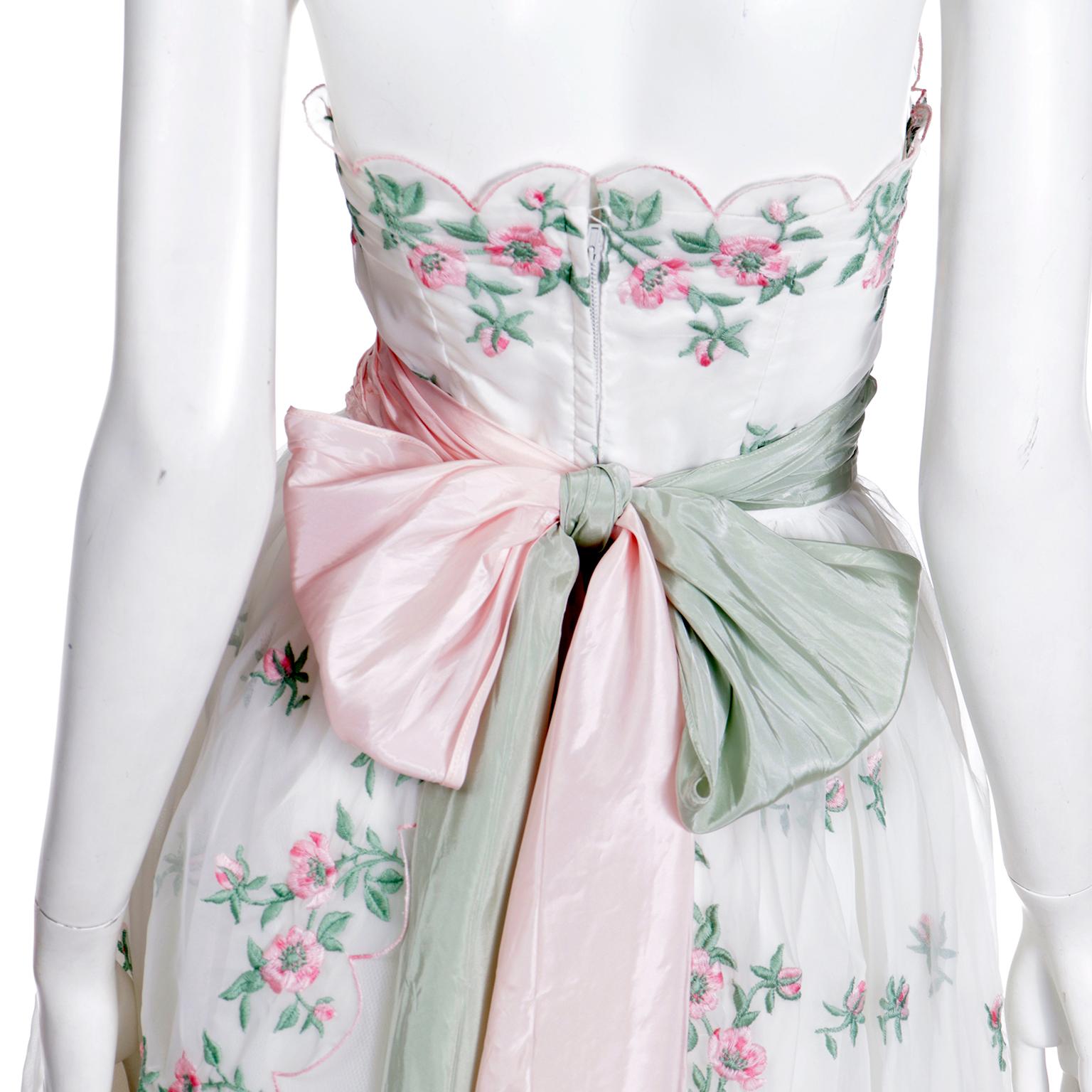 Emma Domb 1950's White Party Dress w Pink and Green Embroidered Flowers For Sale 5