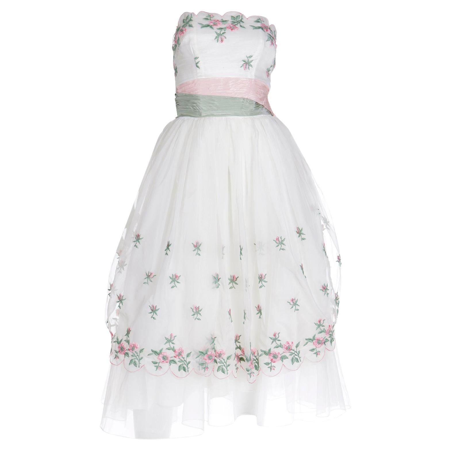 Emma Domb 1950's White Party Dress w Pink and Green Embroidered Flowers For Sale
