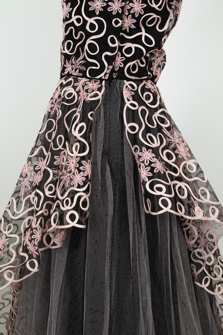 Emma Domb Black and Pink Ribbon Lace Asymmetrical Peplum Dress  S, 1950s