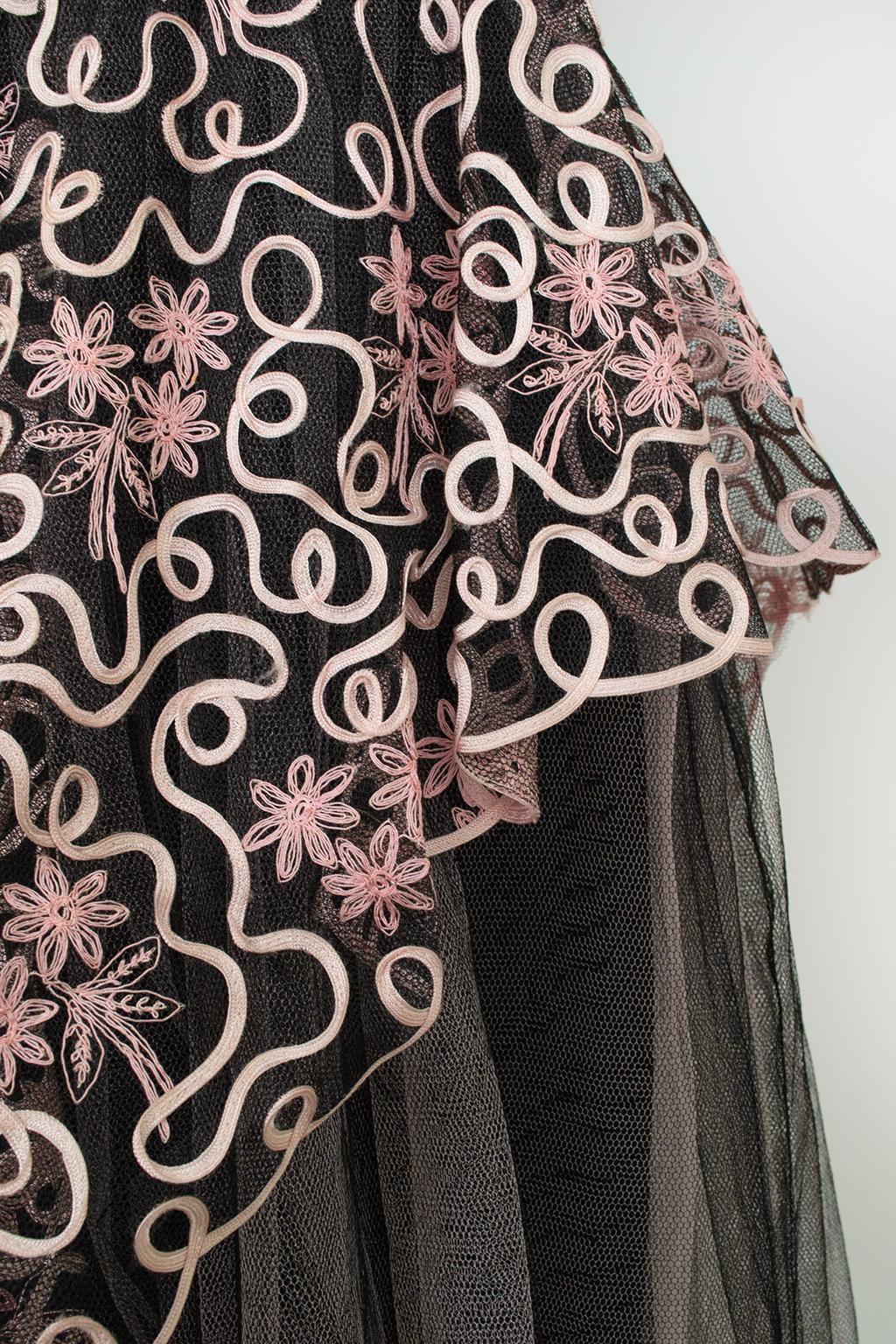 Emma Domb Asymmetrisches Schößchenkleid aus schwarzer und rosa Spitze - S, 1950s im Angebot 9