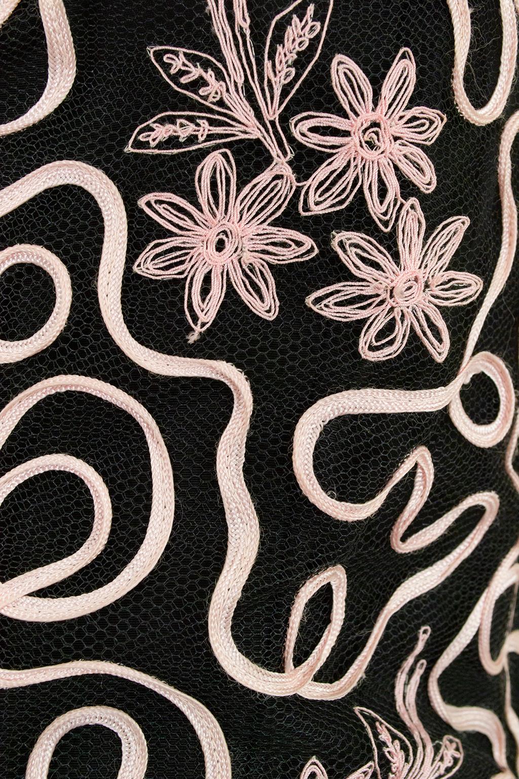 Emma Domb Asymmetrisches Schößchenkleid aus schwarzer und rosa Spitze - S, 1950s im Angebot 12