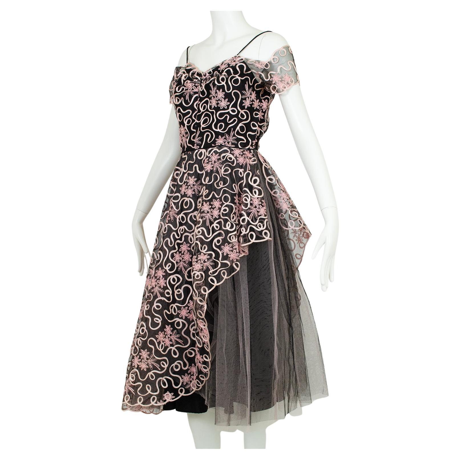Emma Domb Black and Pink Ribbon Lace Asymmetrical Peplum Dress – S, 1950s For Sale