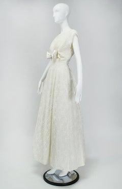 Emma Domb Ivory Floor Length Bateau Neck Wedding Gown with Empire Bow - S, 1950s