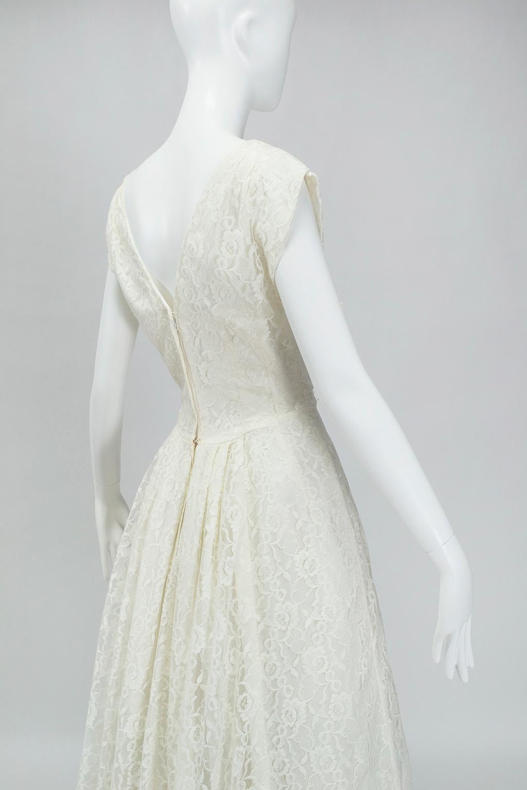 Emma Domb Ivory Floor Length Bateau Neck Wedding Gown with Empire Bow - S, 1950s For Sale 1