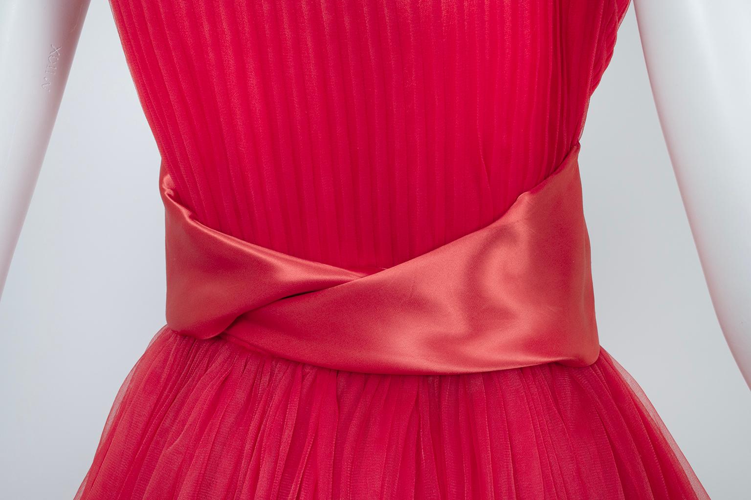 Emma Domb Red Bib Front Ballerina Party Dress with Satin Cummerbund – S, 1950s For Sale 7