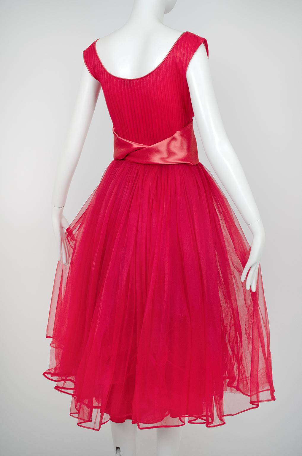 Women's or Men's Emma Domb Red Bib Front Ballerina Party Dress with Satin Cummerbund – S, 1950s For Sale