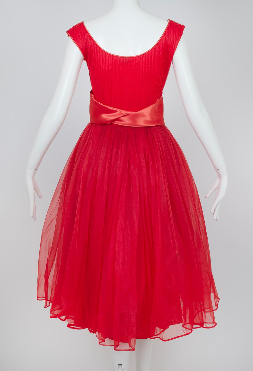 Emma Domb Red Bib Front Ballerina Party Dress with Satin Cummerbund – S, 1950s For Sale 1