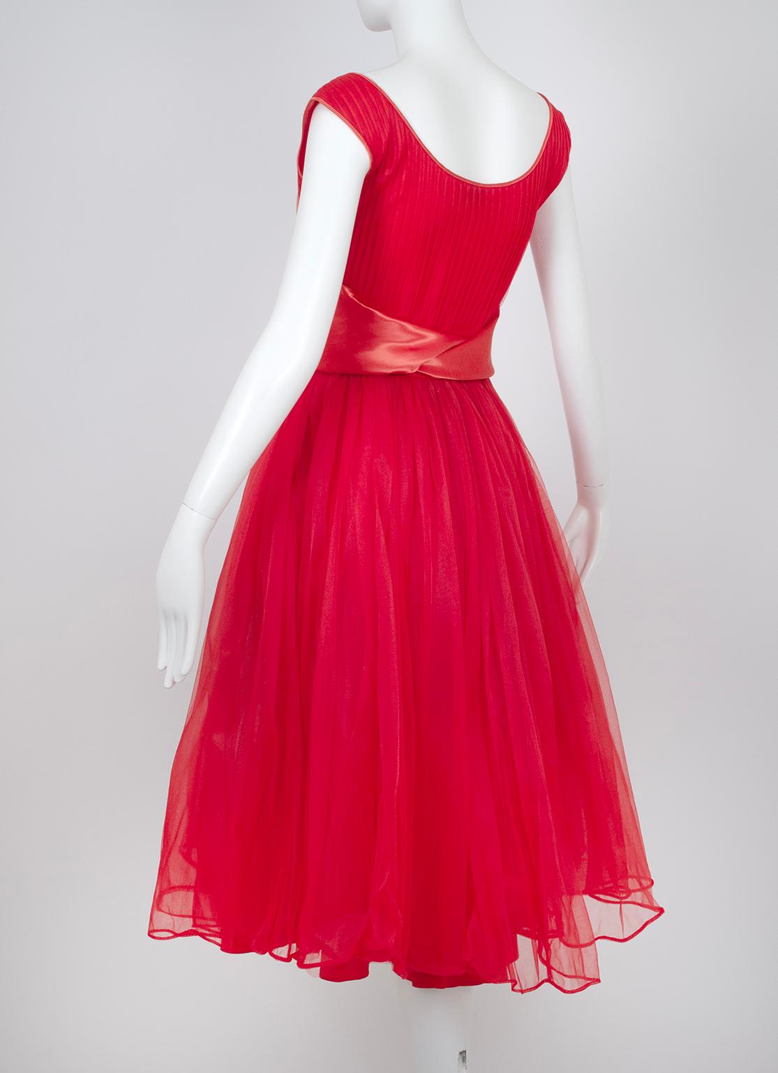 Emma Domb Red Bib Front Ballerina Party Dress with Satin Cummerbund – S, 1950s For Sale 2