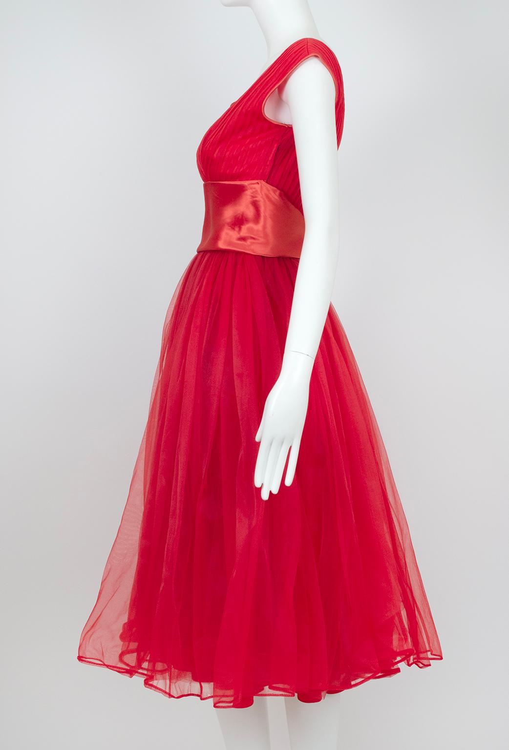 Emma Domb Red Bib Front Ballerina Party Dress with Satin Cummerbund – S, 1950s For Sale 3