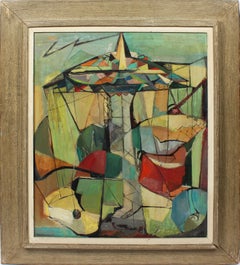 Antique American Modernist Abstract Cubist NYC Landscape Signed Oil Painting