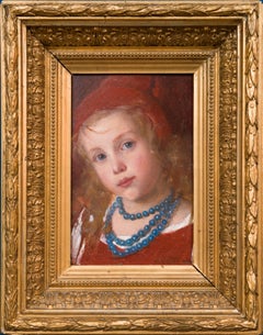 Antique Portrait of a Girl With Blue Necklace by Swedish Artist Emma Ekwall