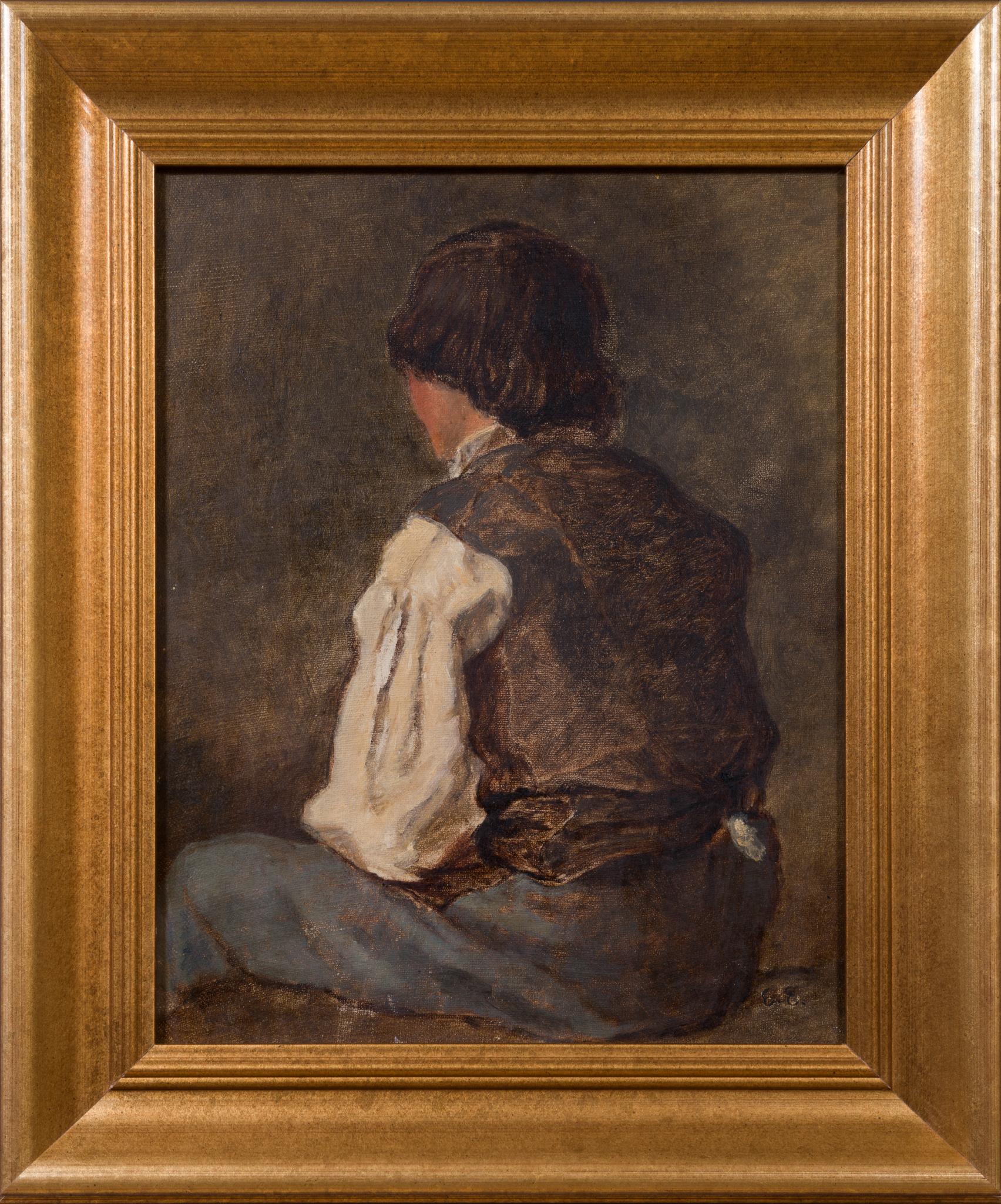 Dieses intime Ölgemälde zeigt einen kleinen Jungen, der in einem ruhigen, nachdenklichen Moment aus einer Dreiviertelansicht von hinten betrachtet wird. Der Rücken des Kindes ist dem Betrachter sanft zugewandt und in warmen Erdtönen mit weichen,