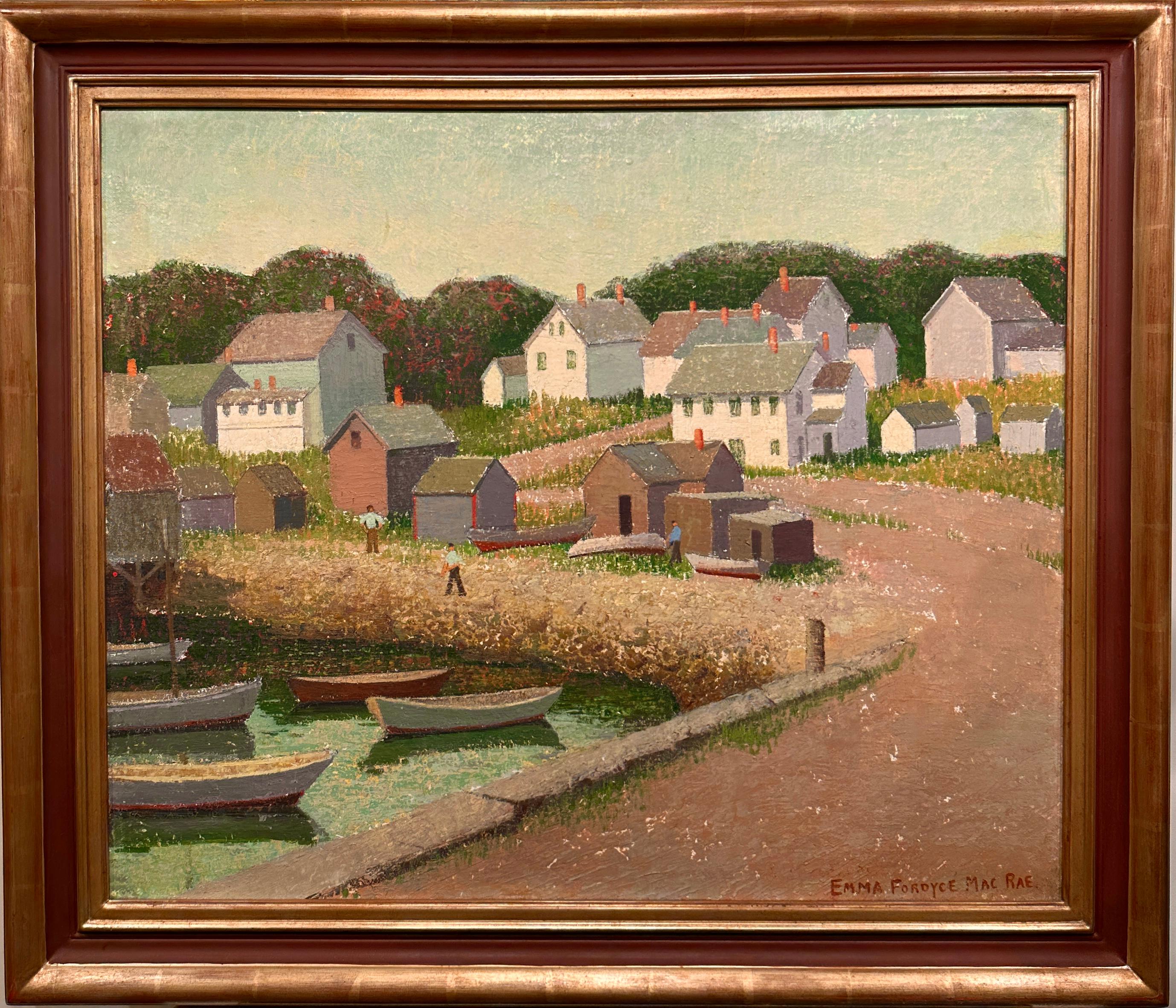 Fishermans Houses, Cape Ann Massachusetts Landscape with boats and figures  - Painting by Emma Fordyce MacRae