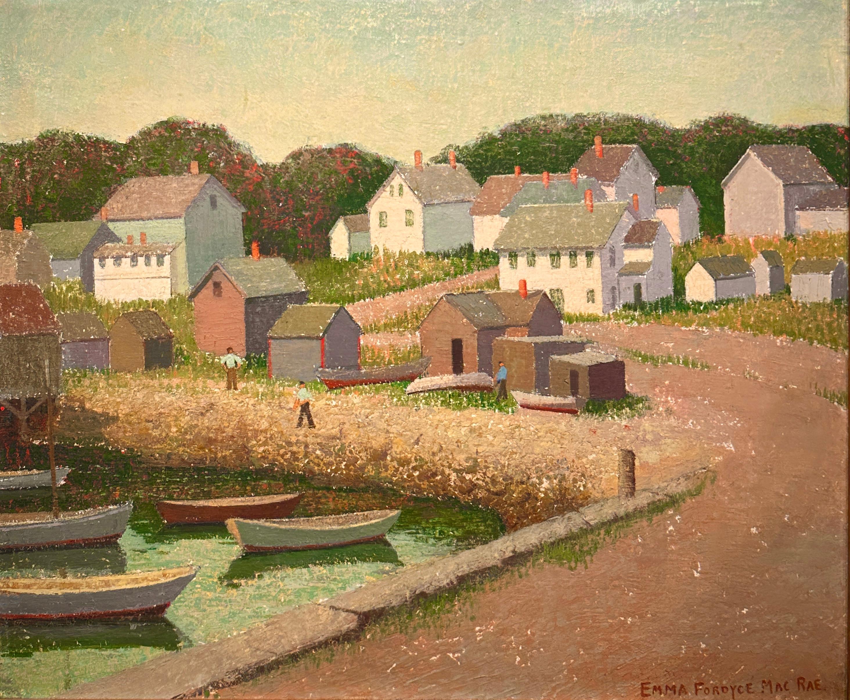 Emma Fordyce MacRae Landscape Painting - Fishermans Houses, Cape Ann Massachusetts Landscape with boats and figures 